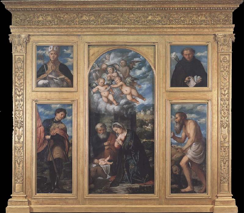 Girolamo Romanino Polyptych of the Nativity,with Saints Alexander,Jerome,Gaudioso and Filippo Benizzi oil painting picture